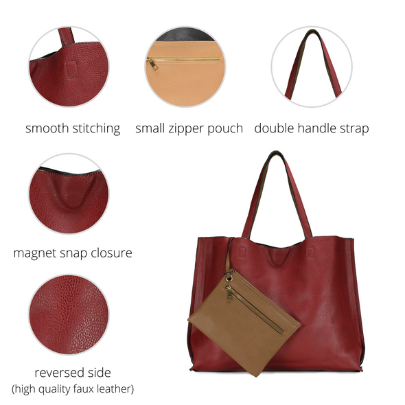 Stitched Vegan Leather Tote With Side Zip Pockets